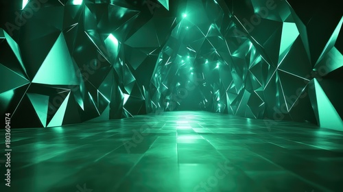 Fototapeta Naklejka Na Ścianę i Meble -  Futuristic green crystal tunnel with abstract geometric shapes