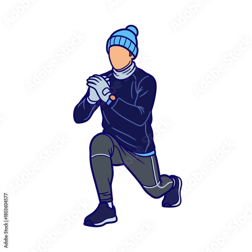 Flat illustration of a man doing stretching in winter