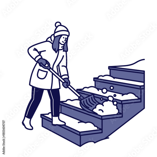 Flat illustration of a woman removing snow from wooden steps