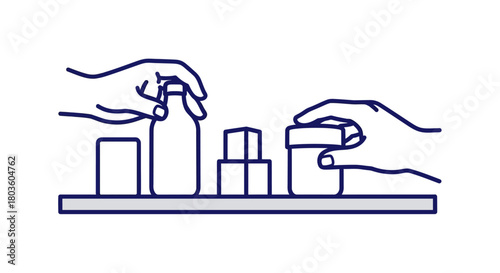 Hands arranging products on a display shelf, minimalist flat artwork, bold navy outline