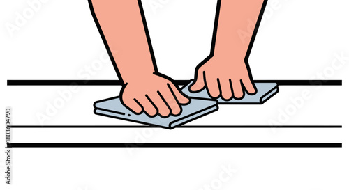 Hands cleaning a countertop with a cloth, flat minimal style