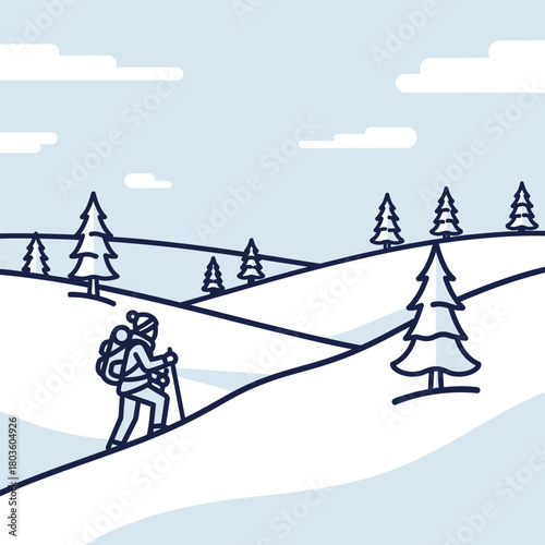 Flat illustration of a man doing hiking on mountain in winter