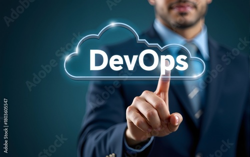 A businessman touches a DevOps icon, representing the collaboration between development and operations teams to automate processes, software deployment, and ensure continuous integration and delivery.