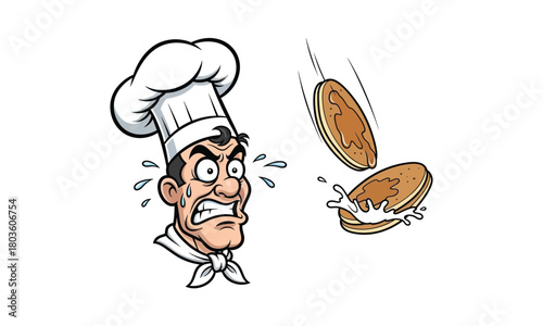 Cartoon angry chef character losing falling pancakes with cream