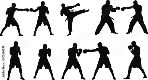 Boxing and martial arts fighter silhouettes collection vector icon set, kickboxers, karate, judo, men fighting training action poses isolated.