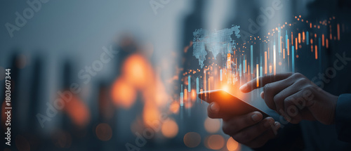 Person using smartphone with futuristic global financial trading chart and world map overlay