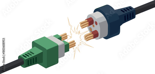 Damaged Power Cable Connection with Sparks Vector Illustration