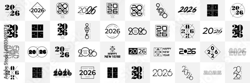 Big Set of 2026 Happy New Year logo text design. 2026 number design template. Collection of 2026 Happy New Year symbols. Vector illustration with black labels isolated on white background.