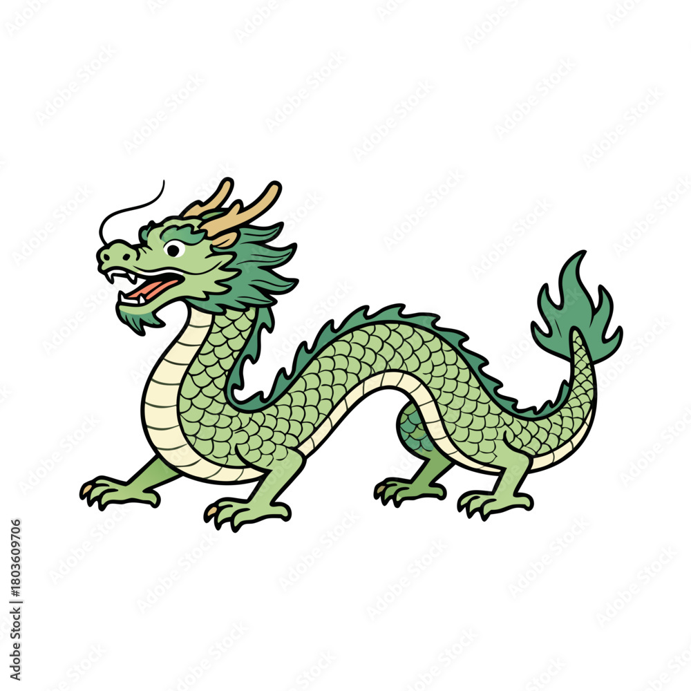 Fototapeta premium Chinese dragon in flat illustration style, natural colors, isolated on white background with copy space