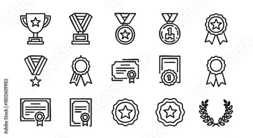 Achievement Icon Set Trophy Medals and Certificates Vector Illustration