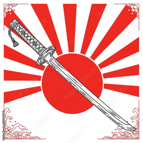 Stylized Japanese Katana Sword Illustration with Radiant Sun Rays and Traditional Ocean Wave Borders, Depicting Ancient Warrior Culture and Honor