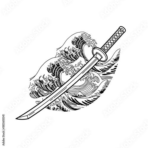 Traditional Japanese Katana Sword with Dynamic Ocean Waves Line Art Illustration Representing Strength and Serenity