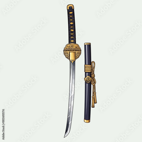 Detailed illustration of a traditional Japanese longsword, featuring a curved blade, decorative handle, and its matching scabbard, embodying historical craftsmanship