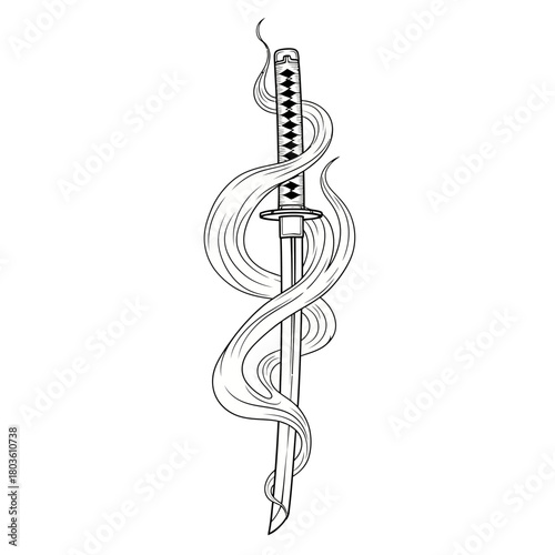 Traditional Japanese samurai sword with swirling smoke, a powerful symbol of martial arts and ancient culture, rendered in a striking illustration