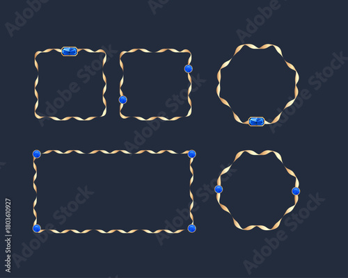 ゴールドリボンと青い宝石のウェーブ状フレームセット 豪華でエレガントなリボン装飾の枠素材