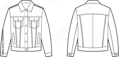 Classic denim jacket technical flat sketch, detailed front and back fashion drawing with pockets, seams, buttons, structured silhouette, garment design illustration