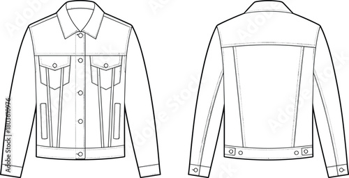 Classic denim jacket flat sketch, detailed front and back technical drawing with pockets, seams, buttons, structured silhouette, apparel fashion design illustration