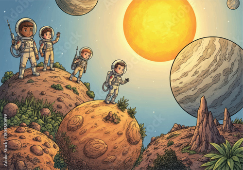 Adventures in Space Children explore alien planets and distant celestial bodies