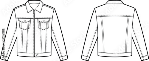 Denim jacket technical flat sketch, front and back fashion drawing with zipper closure, flap pockets, detailed stitching