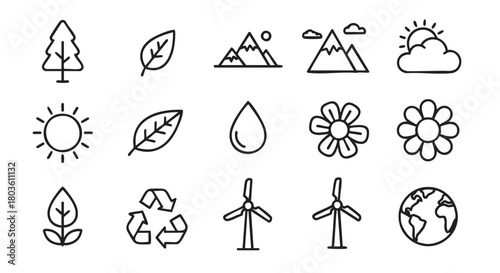 Black and white outline illustrations of nature and environmental concepts
