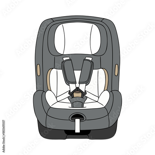 Simple flat-drawn child car seat in natural colors, isolated on white background