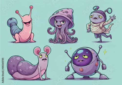 Playful group of charming cartoon alien and monster characters with unique designs and vibrant colors