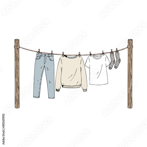 Simple flat-drawn clothesline in natural colors, isolated on white background