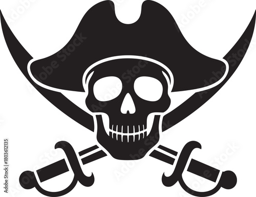 A stark black silhouette of a pirate skull wearing a tricorn hat, with two crossed cutlass swords behind it.