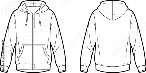 Vector technical flat sketch of zip-up hoodie with drawstring hood and kangaroo pockets, detailed front and back views for apparel design template