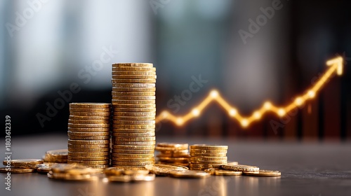 Stacks of Coins with Rising Graph Showing Financial Growth Concept