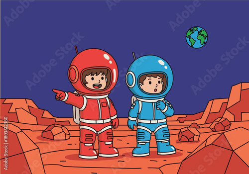 Child astronauts explore a red planet, pointing to discoveries with Earth in the cosmic background