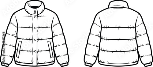 Winter puffer jacket technical flat sketch with front and back views, padded outerwear fashion illustration template for professional garment design reference
