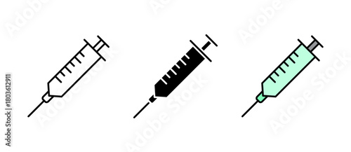 Syringe Icon showing a clean medical injection symbol for vaccination, immunization and healthcare use, with stroke, filled and colored icon vector illustration for UI/UX.