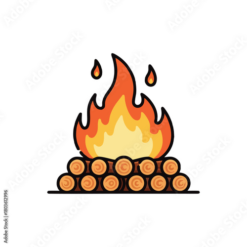 Illustration of a campfire with logs and flames.