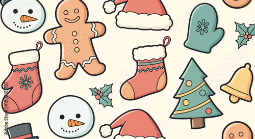 Festive Christmas pattern featuring holiday icons like snowmen, gingerbread, and stockings.