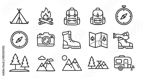 Camping Adventure Icons Set Camping Tent Bonfire Compass Camera Nature