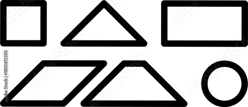 Bold black-outline 2D geometric shapes including square, triangle, rectangle, rhombus, trapezoid, and circle, perfect for education, design, icons, and math visuals.
