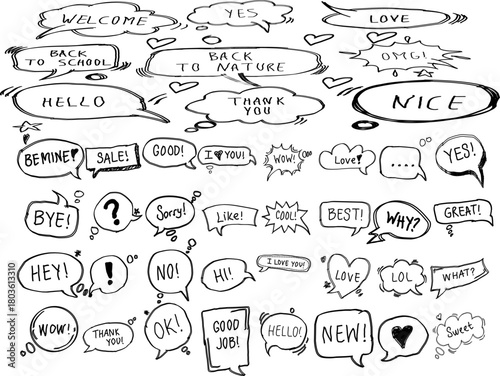 Hand-drawn black speech bubbles filled with fun words, icons, and expressions. A playful doodle set perfect for comics, stickers, social media designs, and creative graphic projects.
