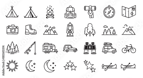 Camping Adventure Icons Set Outdoor Activities and Nature Exploration Vectors