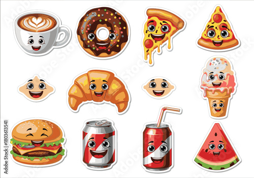 A cheerful set of cartoon food and drink stickers with kawaii faces, isolated vector illustration
