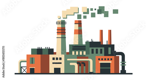 Illustration of a factory with smokestacks emitting smoke.