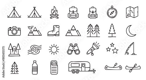 Camping and Outdoor Adventure Icons Illustration Set in Black and White