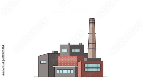 Illustration of a factory with a tall chimney on a white background.