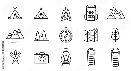 Camping nature and photography adventure icons on white background vector illustration