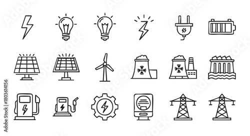 Clean energy sources line art icons for sustainable living future