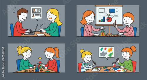 Illustrations of people collaborating in various activities and projects