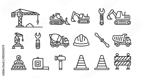 Collection of construction and building equipment icons black and white illustration