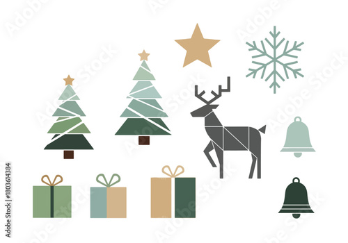 Festive illustration featuring a reindeer, Christmas trees, gifts, star, snowflake, and bells.