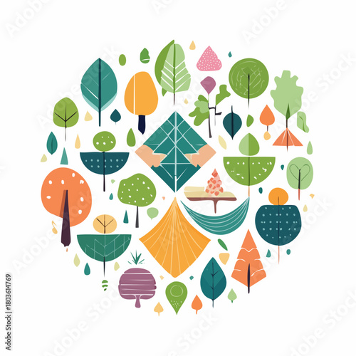 Abstract Forest Camping Scene Illustration Geometric Trees and Hammock