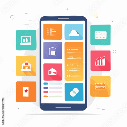 Modern mobile application interface concept showcasing diverse digital services and interactive user experience on a sleek smartphone display, perfect for technology and business design projects